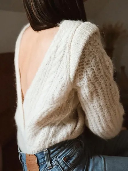 Женский вязаный свитер с открытой спиной, абрикосового цвета, с длинным рукавом