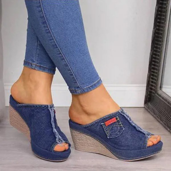 WCC женская обувь джинсовая модная пятка женщин сандалии Рыба Рот Клин сандалии