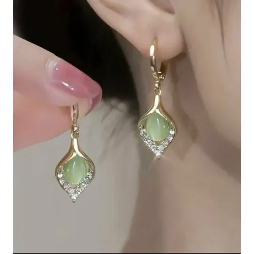 Серьги , кристалл, зеленый, золотой