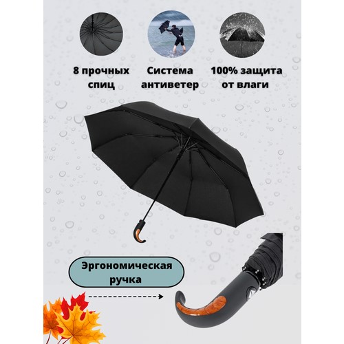 Смарт-зонт автомат, 3 сложения, купол 99 см., 8 спиц, система «антиветер», чехол в комплекте, черный