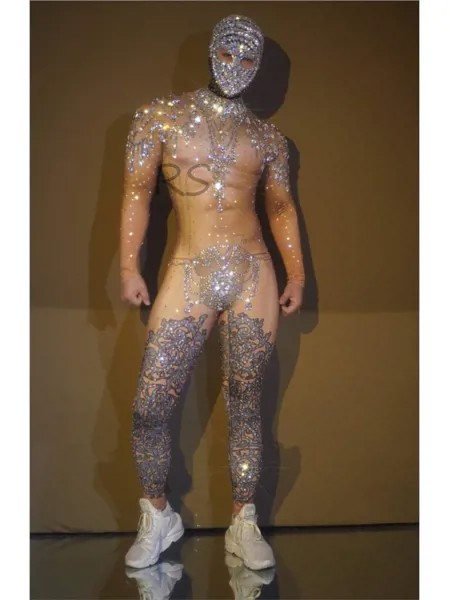 Блестящий серебряный сексуальный мужской комбинезон с длинными рукавами Стразы костюм наряд вечерняя танцевальная одежда