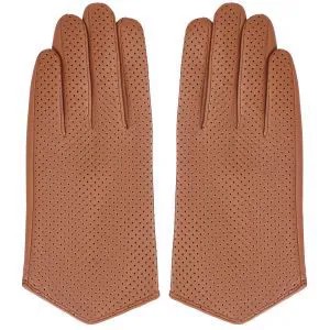 Минималистичные перчатки с широкими заострёнными манжетами -  стильный и тёплый аксессуар для осенних образов. Модель из натуральной кожи в коричневом цвете с эффектом перфорации.