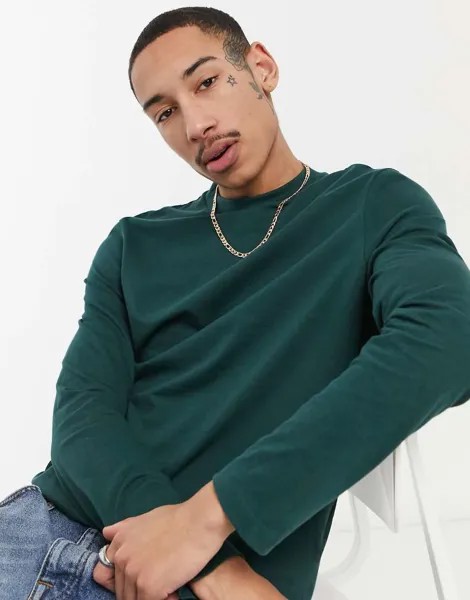 Зеленый лонгслив из органического хлопка с круглым вырезом ASOS DESIGN-Зеленый цвет