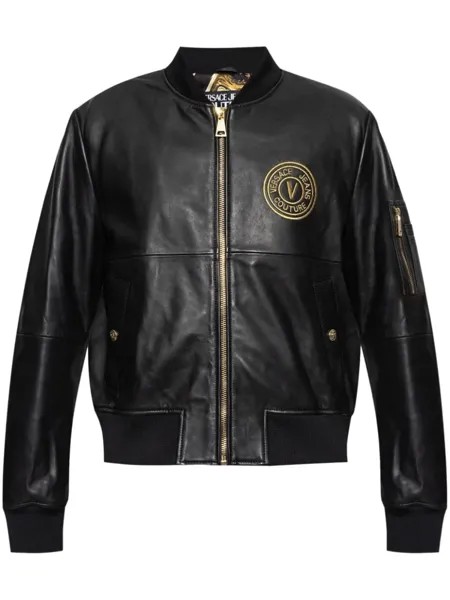 Versace Jeans Couture кожаная куртка-бомбер с V-образной эмблемой, черный