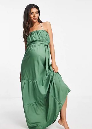 Ярусное пляжное платье макси цвета хаки с открытыми плечами ASOS DESIGN Maternity-Зеленый цвет