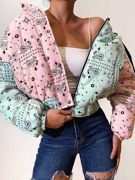 Milanoo Women Puffer Coats Pink Warmth Preservation Hooded Zipper Long Sleeves Printed Removable Out
