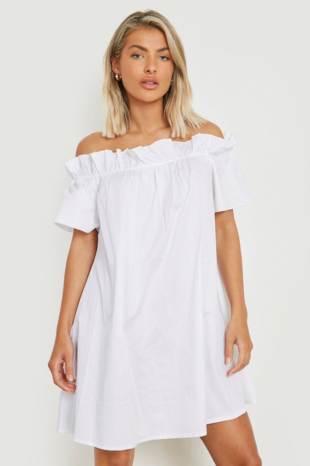 Сарафан из хлопка с открытыми плечами Boohoo, белый