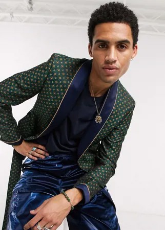 Зеленный узкий жаккардовый смокинг с поясом ASOS DESIGN-Зеленый