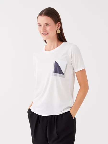 Женская футболка с коротким рукавом с круглым вырезом и принтом LC WAIKIKI, оптический белый