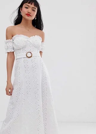 Сарафан макси с открытыми плечами и поясом ASOS DESIGN Petite-Белый