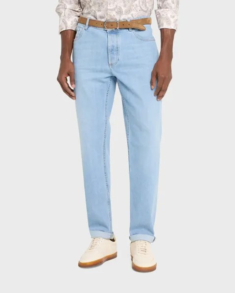 Мужские легкие потертые джинсы с 5 карманами стрейч Brunello Cucinelli, цвет Light Wash Blue