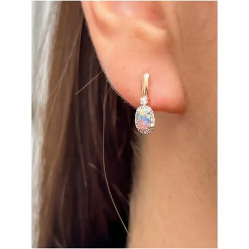 Серьги Trade Jewelry Миниатюрные из серебра 925 пробы (покрытие золото 585) с белым опалом и фианитами