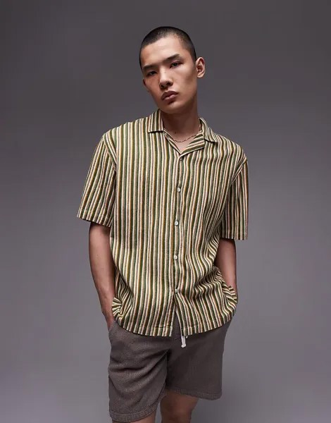 Topman – рубашка с короткими рукавами в зелено-желтую полоску свободного кроя