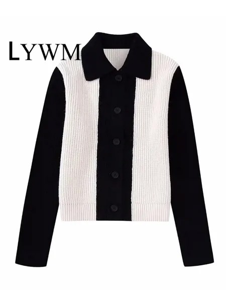 Женский однобортный вязаный кардиган LYWM в стиле пэчворк, винтажный свитер с длинными рукавами и воротником с лацканами, женские шикарные на...