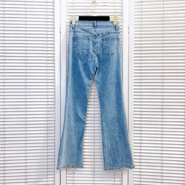 Женские синие джинсы с разрезом, новинка, эластичные расклешенные брюки с завышенной талией и бисером, повседневные винтажные женские брюки до щиколотки в Корейском стиле
