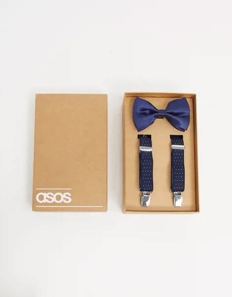 Подтяжки и галстук-бабочка темно-синего цвета в белый горошек ASOS DESIGN Wedding-Темно-синий