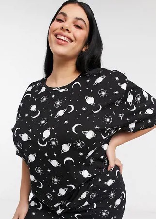 Черно-белая пижама с oversized-футболкой и леггинсами со сплошным астрологическим принтом ASOS DESIGN Curve-Черный цвет
