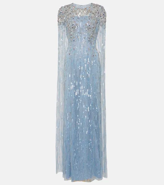 Платье-кейп, расшитое пайетками и кристаллами Jenny Packham, синий