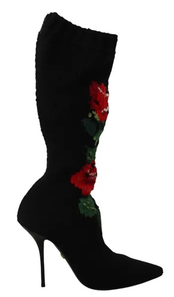 DOLCE - GABBANA Обувь Черные эластичные носки Ботильоны с красными розами EU38/US7,5 Рекомендуемая розничная цена 1900 долларов США
