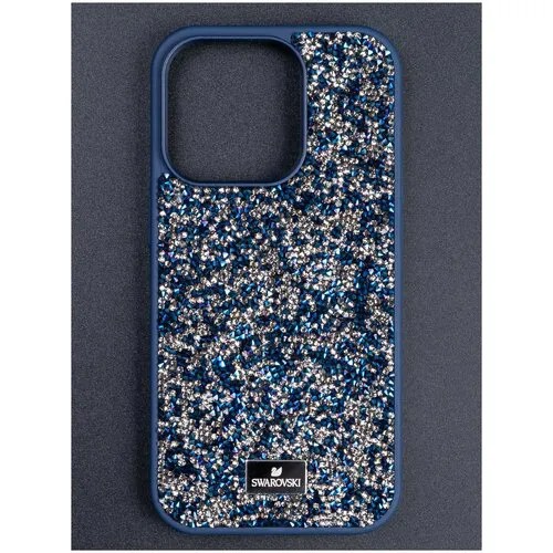 Чехол Сваровски (Swarovski) на айфон 14, силиконовый со старазами, темно-синий