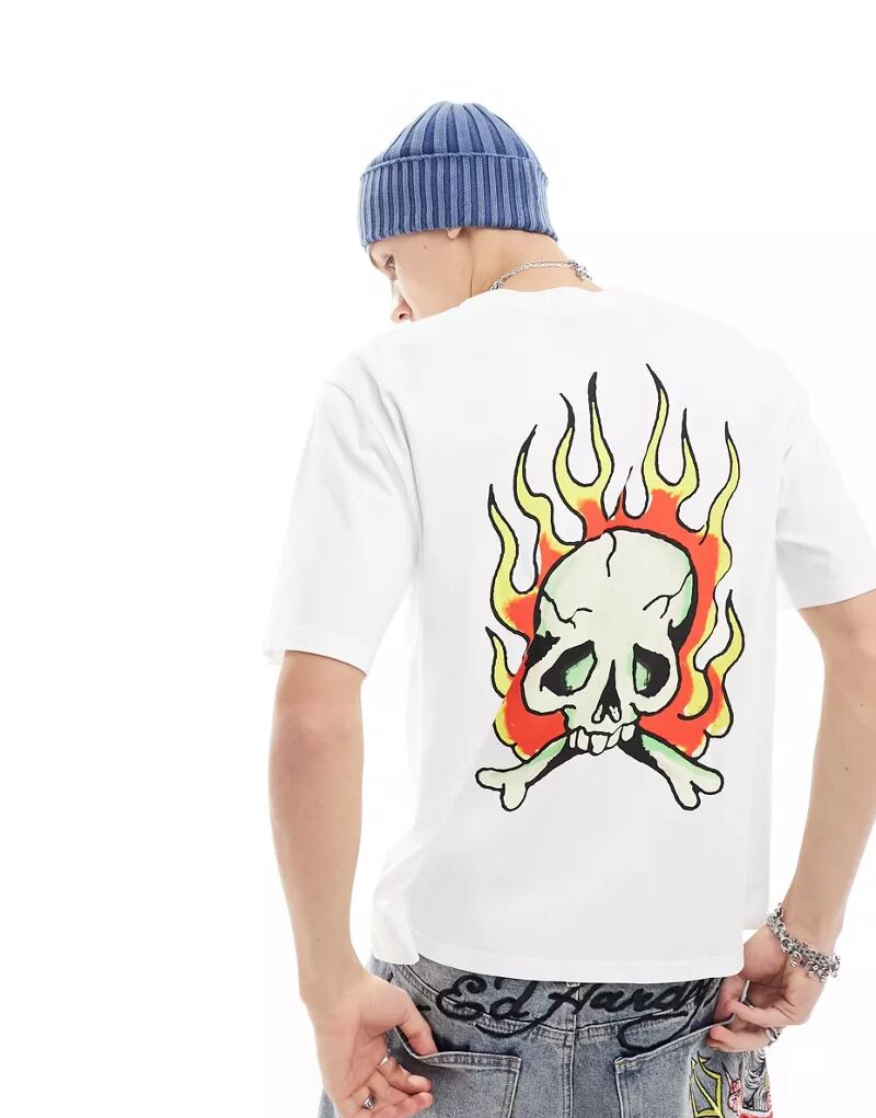 Объемная футболка Ed Hardy с принтом черепа, пламенем сзади и логотипом спереди