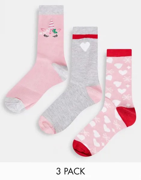 Набор из 3 пар носков с единорогом розового и серого цветов Threadbare-Розовый цвет