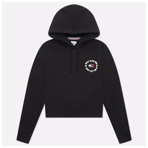 Женская толстовка Tommy Jeans Crop Floral Embroidery Badge Hoodie чёрный , Размер XS