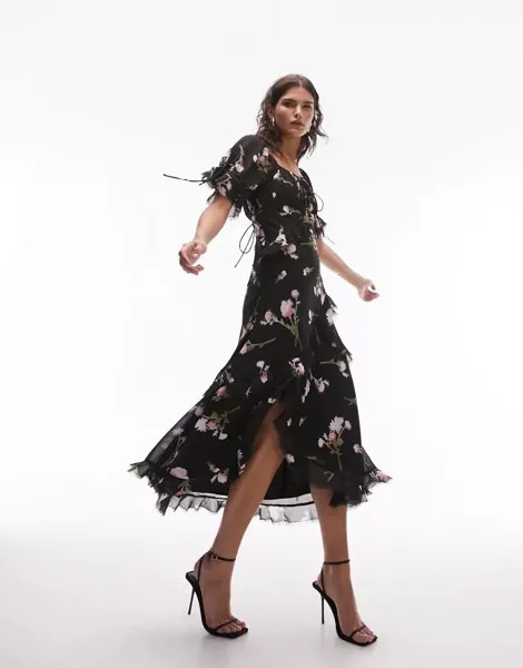 Темное платье Topshop для особого случая с цветочным принтом, завязками на спине и необработанным подолом