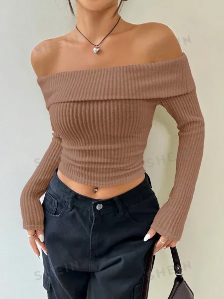 Футболка женская укороченная Shein Ezwear с открытыми плечами, кофейный