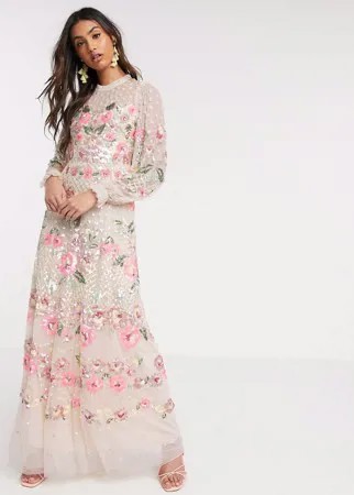 Розовое платье макси с цветочной аппликацией Needle & Thread-Розовый