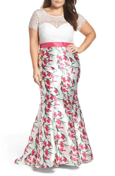 НОВЫЙ MAC DUGGAL 77168F Бело-розовое прозрачное кружевное платье с короткими рукавами и цветочным принтом «русалка» 16 Вт