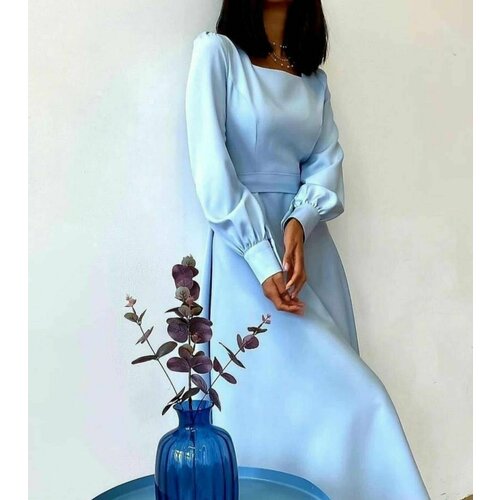 Платье-лапша вискоза, полуприлегающее, макси, пояс на резинке, размер 42, голубой