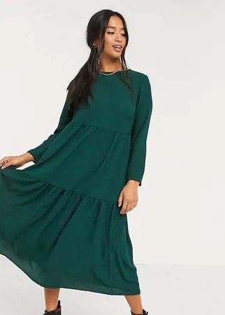 Зеленое свободное ярусное платье миди с длинными рукавами ASOS DESIGN Petite-Зеленый