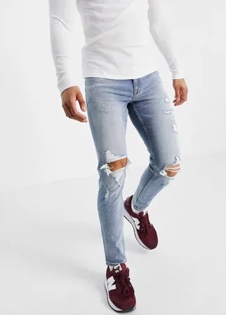 Светло-голубые выбеленные зауженные джинсы с рваной отделкой New Look-Голубой