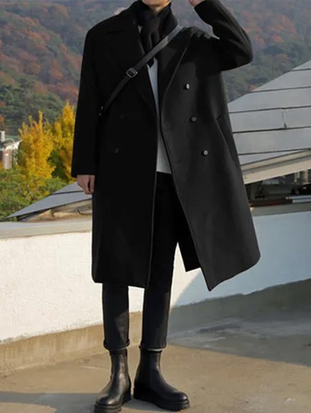 Мужское шерстяное пальто в британском стиле, свободная ветровка в Корейском стиле, длинное двубортное шерстяное пальто, Осень-зима 2021