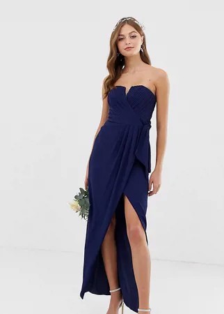 Эксклюзивное темно-синее платье-бандо мидакси с плиссировкой и запахом TFNC bridesmaid-Темно-синий