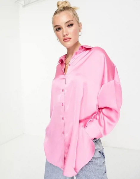 Розовая атласная oversized-рубашка от комплекта Style Cheat-Розовый цвет