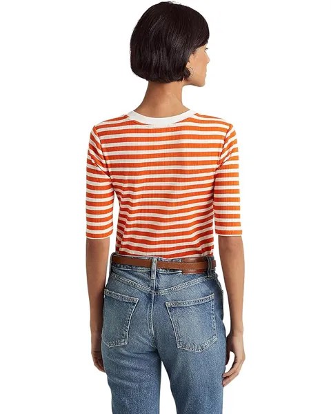 Футболка LAUREN Ralph Lauren Striped Cotton-Blend Henley Tee, цвет Vivid Tangerine/Mascarpone Cream