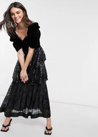 Черное платье макси с многоярусной юбкой с пайетками Virgos Lounge Bardot-Черный цвет