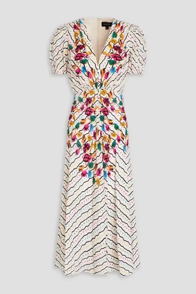 Платье миди Lea из шелкового крепдешина с цветочным принтом и сборками Saloni, крем
