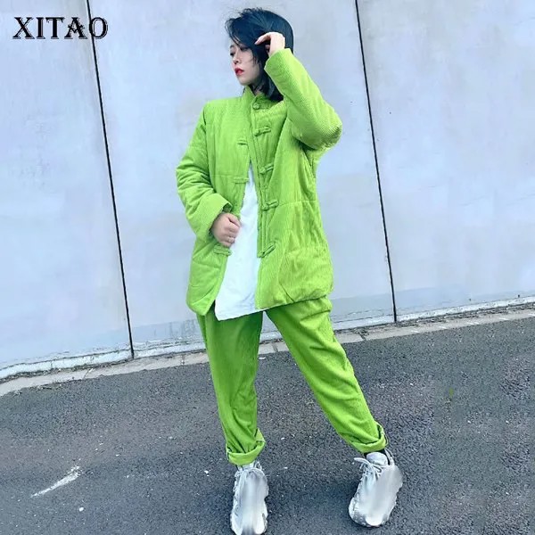 XITAO/теплые штаны в китайском стиле, однотонные винтажные парки с пряжкой, длинные штаны, костюм из двух предметов GWJ1898