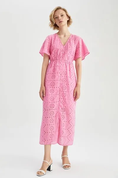 Платье макси с V-образным вырезом и рукавами-бабочками на подкладке и вышивкой DeFacto, розовый
