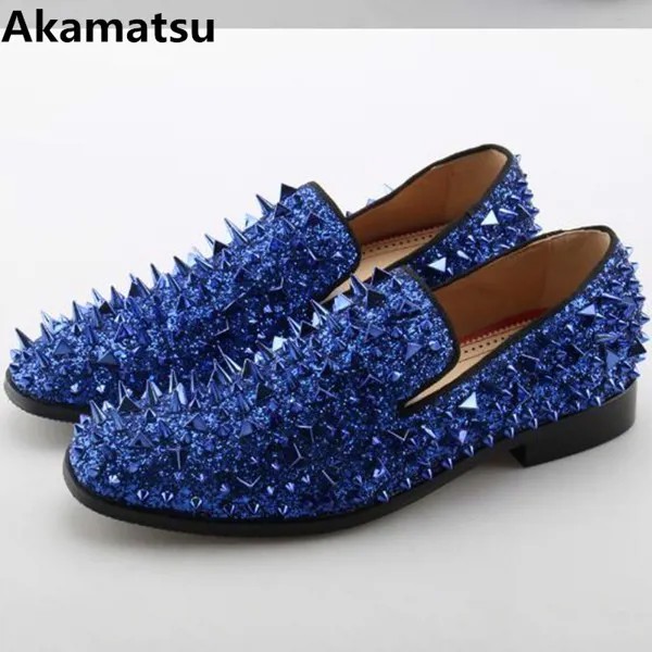 Akamatsu/синие лоферы с шипами; золотистые модельные туфли; Мужские Кожаные слипоны с заклепками; свадебные дизайнерские туфли; zapatos hombre vestir; бро...