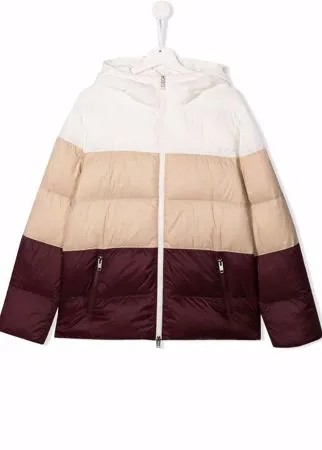 Brunello Cucinelli Kids пуховик в стиле колор-блок с капюшоном