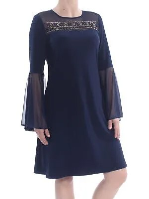 MSK Женское темно-синее вечернее платье трапециевидного силуэта с расклешенными рукавами и бисером, S