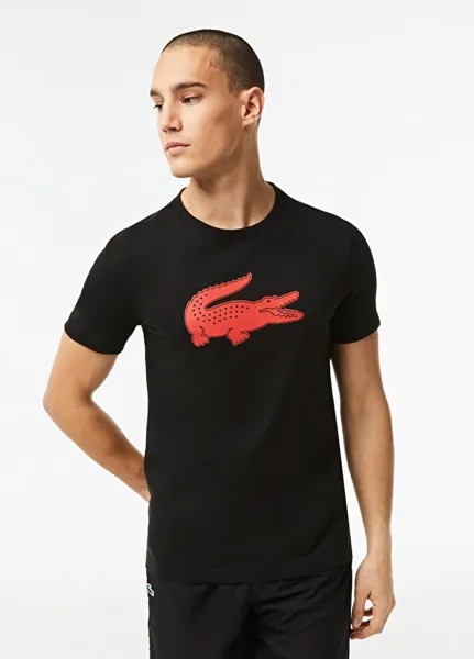 Черная мужская футболка sport regular fit с круглым вырезом и принтом Lacoste