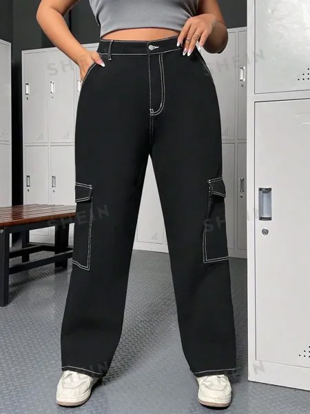EZwear Большие размеры Женские джинсы-карго контрастного цвета с откидным карманом и отстрочкой Shein, черный