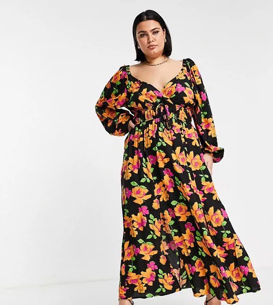 Чайное платье макси с присборенной талией и цветочным принтом ASOS DESIGN Curve-Разноцветный