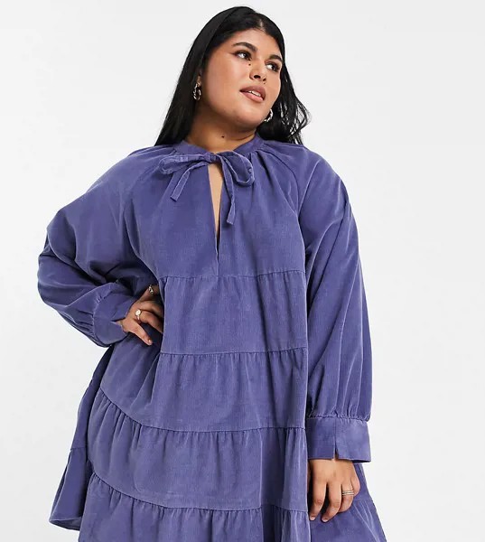 Синее вельветовое ярусное платье мини свободного кроя ASOS DESIGN Curve-Голубой