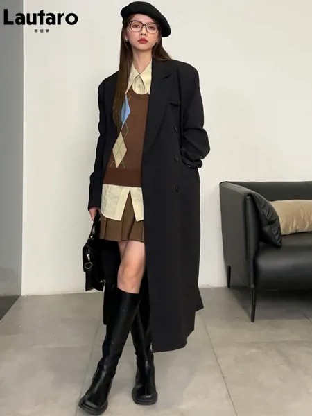 Lautaro Весенне-осенний длинный черный плащ для женщин Двубортная верхняя одежда оверсайз Корейская мода тренч женский весна 2022 пальто осеннее женское тренчкот плащ женский
